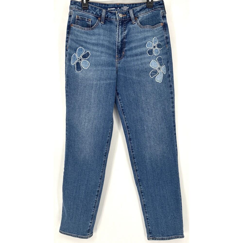 Old Navy 10Tall Hirise Flower appliqué Straight Secret smooth Pockets Denim Jean